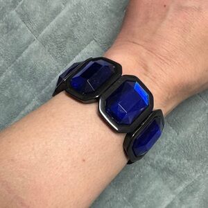 Vintage Black and Blue Gemstone Stretch Bracelet, Retro, Boho